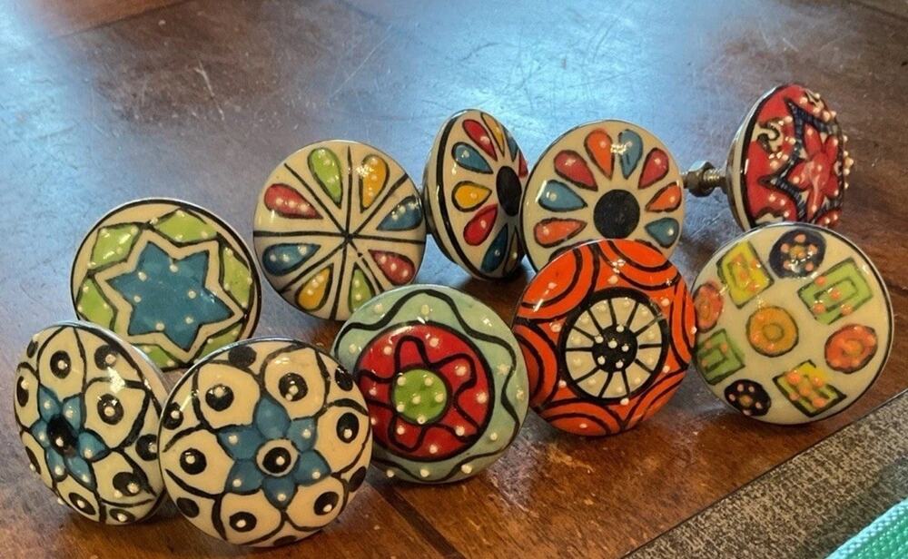 Moroccan Flair Vibrant & Colorful Ceramic Drawer Pull Knobs Boho Lot 10